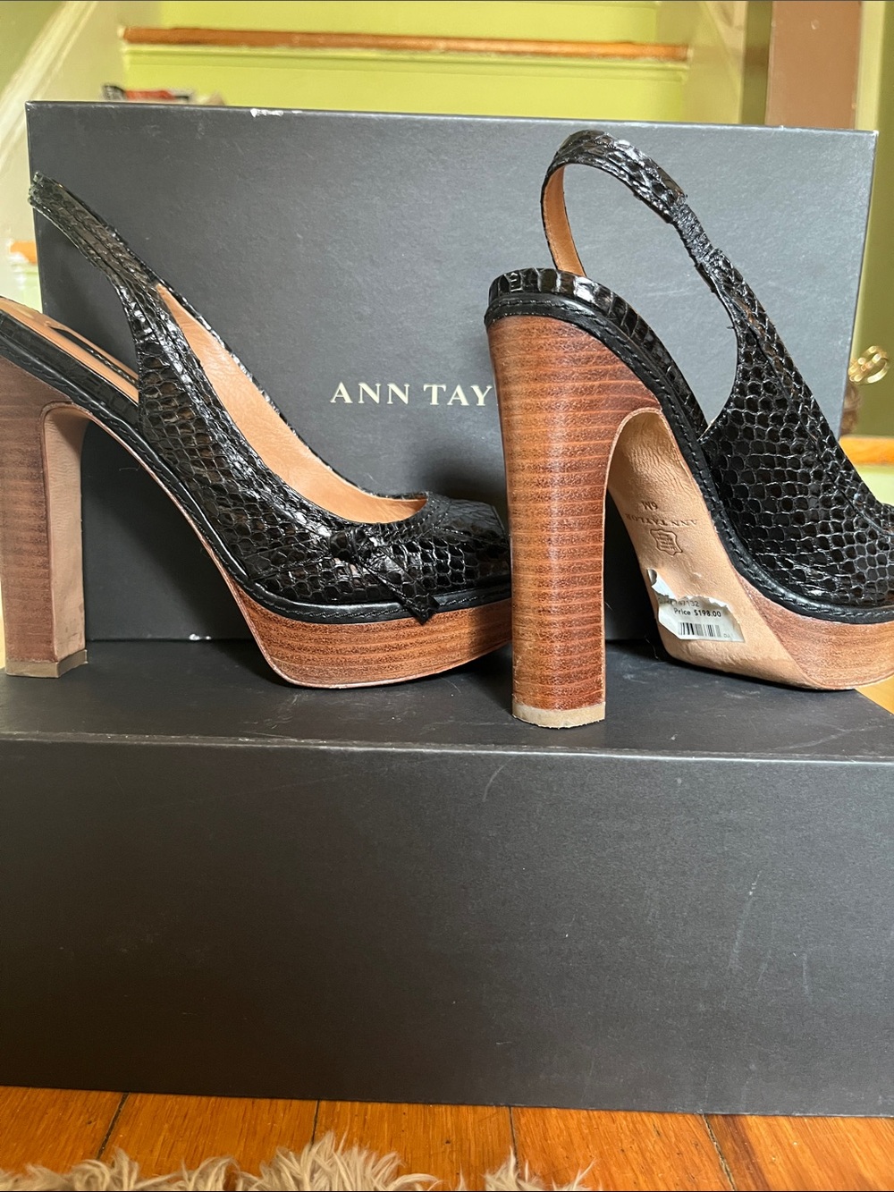 Ann Taylor Black Snakeskin Slingback Platform Heels with Wood Block Heel